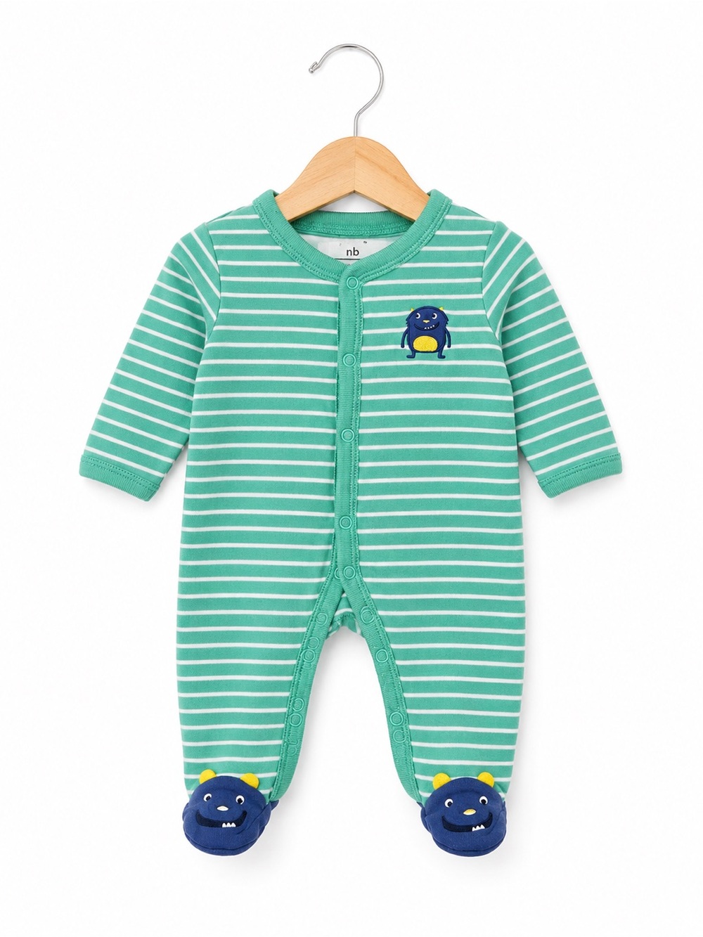 Source Unknown Green and White Striped Monster Footed One-Piece